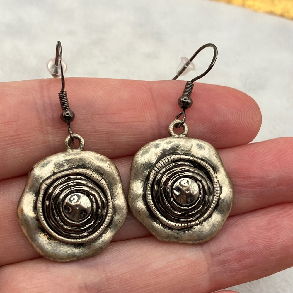 Modernist Pewter Dangle Earrings Geometric Spiral Eclectic Artsy Funky Statement